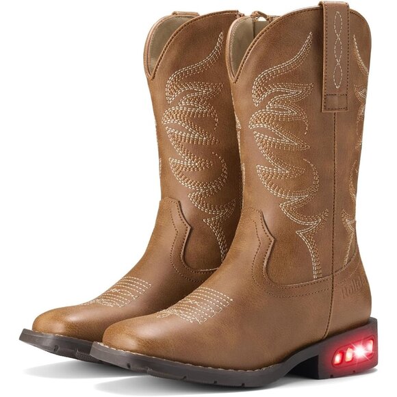 ⚡Girls Brown Cowgirl Boots Light Up Kids Western Boots for Toddler Calf High - Picture 1 of 5